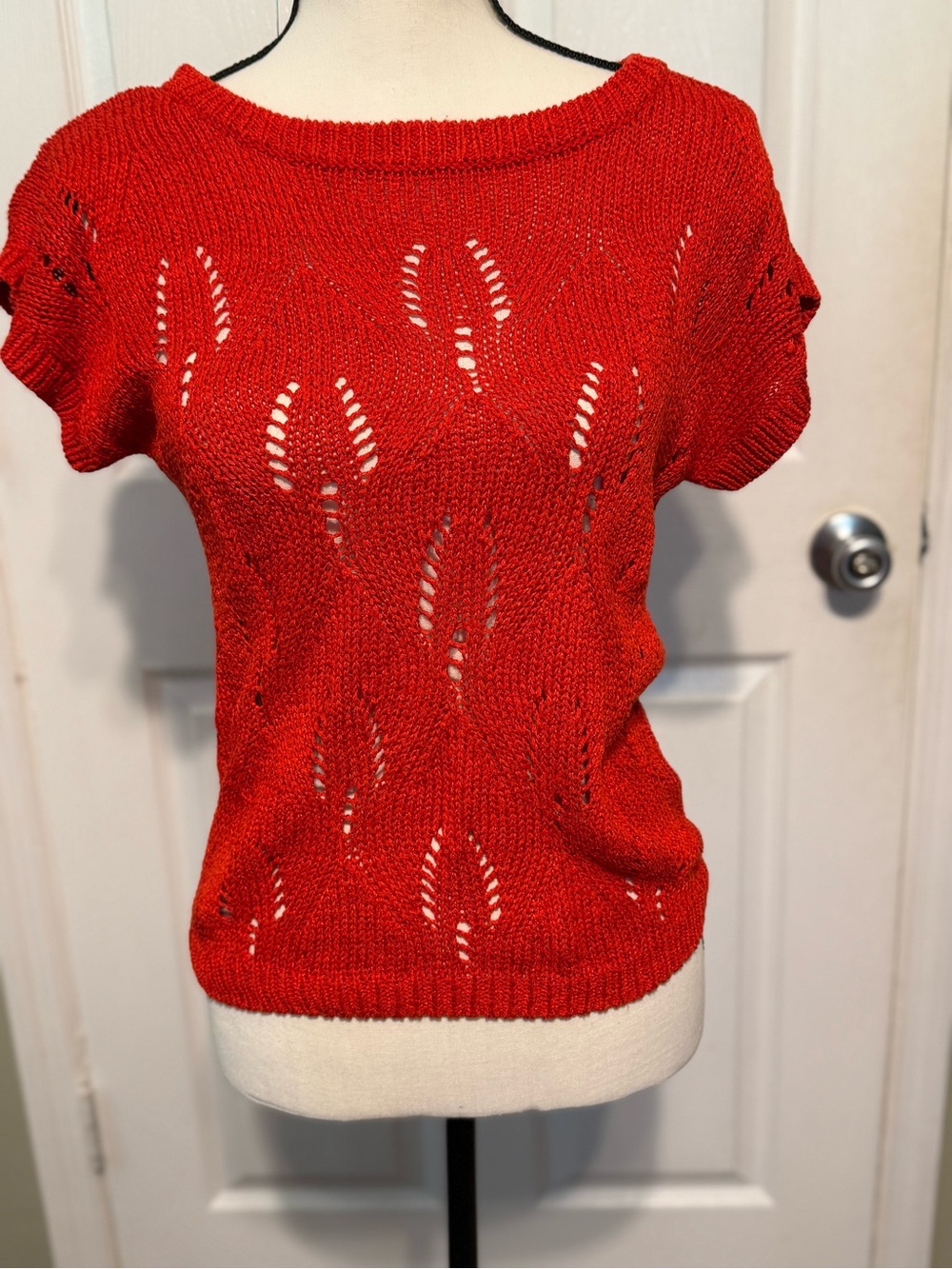 Vermillion Red Open-Knit Short Sleeve Women’s Sweater